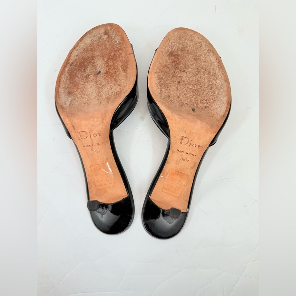 Dior Black Patent Leather Open-Toe Heels with Silver & Pink 'D' Charms - Picture 4 of 9